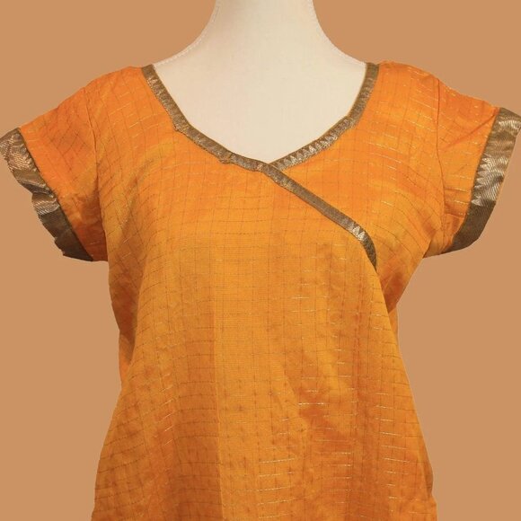 Yellow and Blue Silk Kurta with Gold Border | Muvvas Boutique - Picture 4 of 5